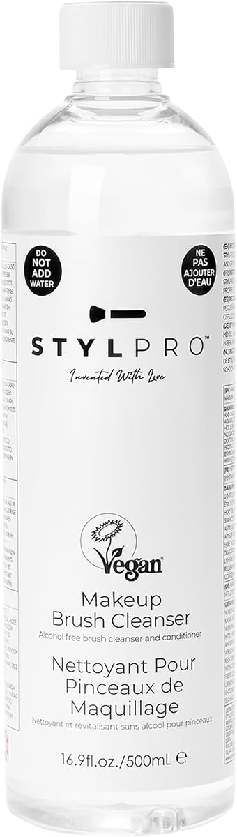 StylPro Solución limpiadora de brochas de maquillaje, sin alcohol ni sulfato, elimina la base grasosa, acondicionamiento suave para un acabado suave, 16,9 oz