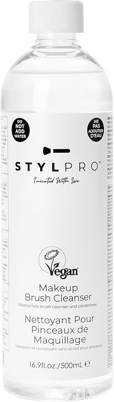 StylPro Solución limpiadora de brochas de maquillaje, sin alcohol ni sulfato, elimina la base grasosa, acondicionamiento suave para un acabado suave, 16,9 oz