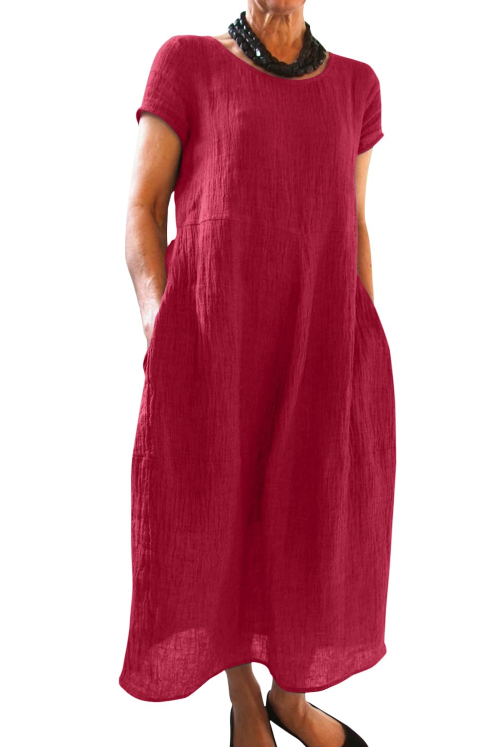 Imuedaen Summer Dress Women's Dresses Summer Casual Crew Neck Short Sleeve Casual Dress Beach Dresses Boho Long Dress with Pockets