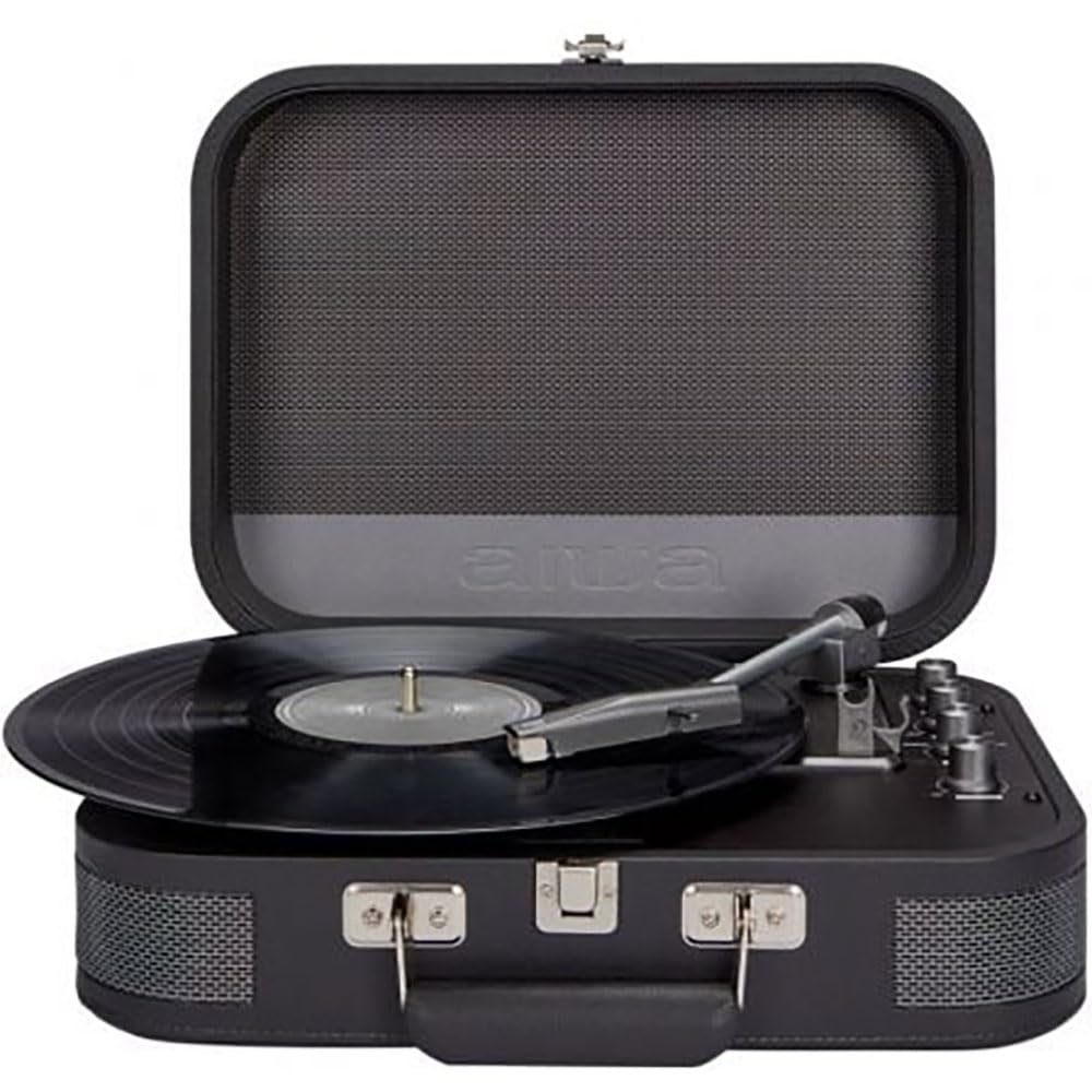 Aiwa VPX-1951/TN Giradischi vintage portatile con valigetta in pelle sintetica, Bluetooth bidirezionale, lettore MP3 e registratore USB - Design retrò e funzionalità moderna. Colore Titanio