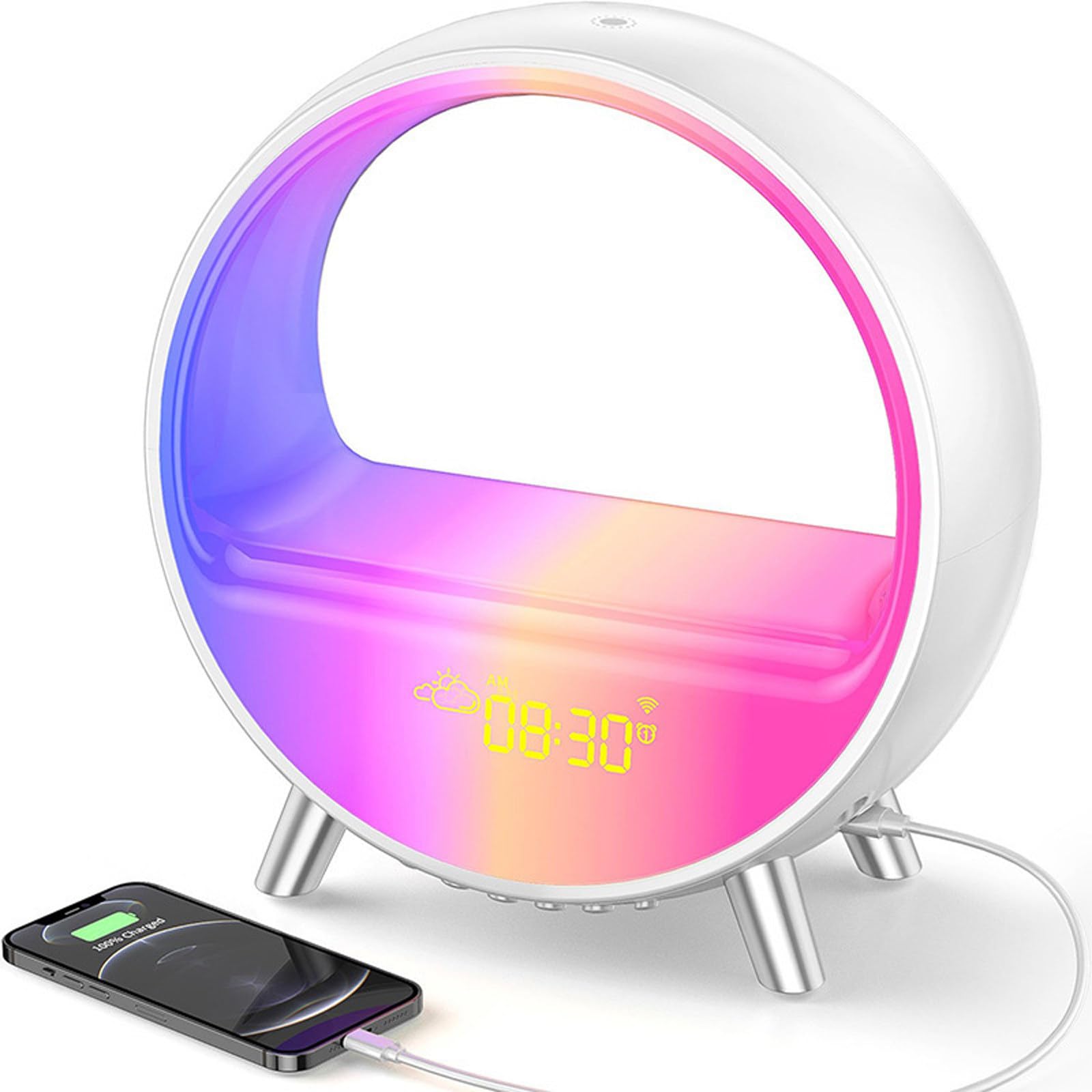 Altavoz Bluetooth inteligente con luces de colores, reloj despertador inteligente, luz nocturna para dormir, pantalla meteorológica, carga tipo C, 3 modos de control, pantalla LED, carcasa duradera