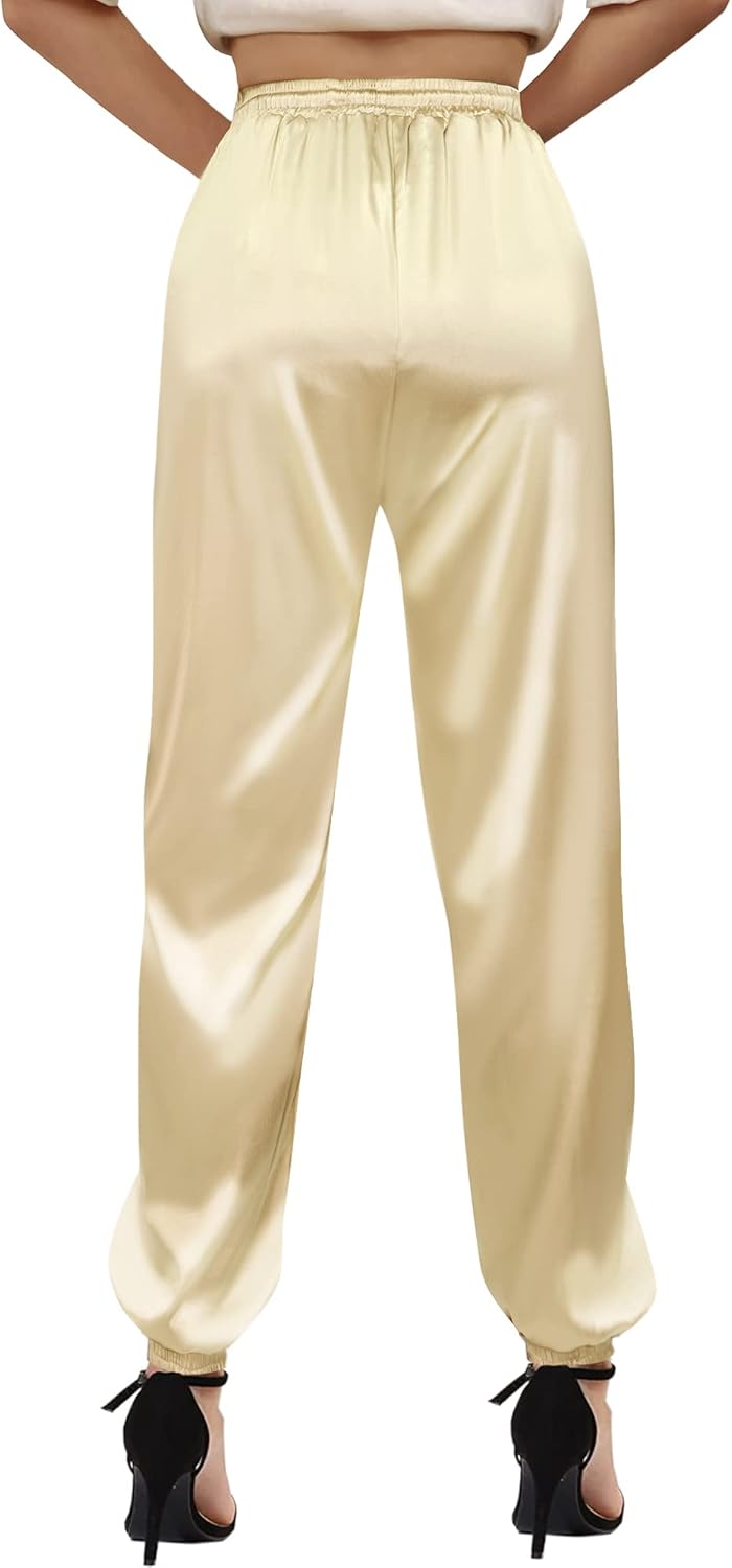 Betusline Women's Solid Color Drawstring Tie Elastic Waist Loose Satin Joggeing Pants with Pockets, Champagne, US X-Large = Tag XL - Image 3