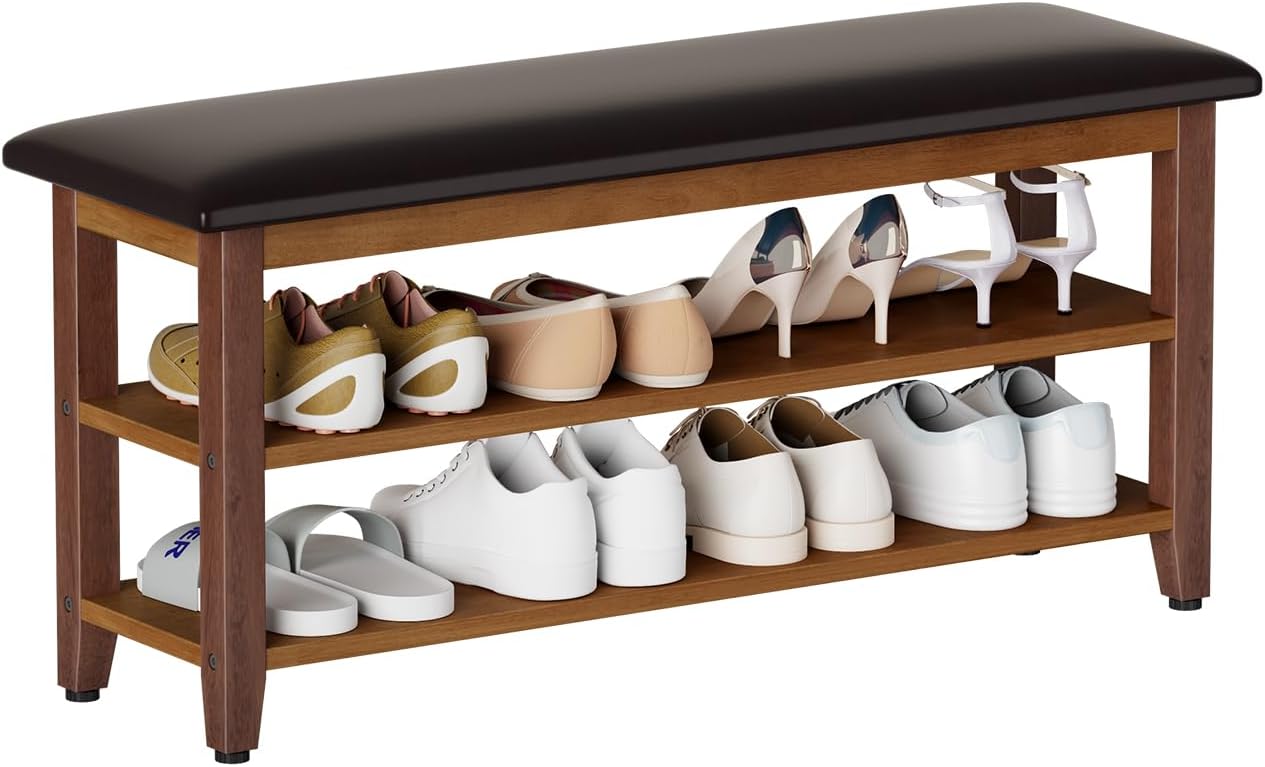 Shoe Bench with Leather Cushion,Wood Bench with Shoe Rack,2-Tier Shoe Storage Organizer for Entryway,Hallway,Living Room (Brown, 2-Tier-39.4")