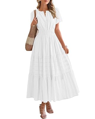 BTFBM Womens Summer 2025 Casual Midi Maxi Dresses Lightweight Short Sleeve V Neck Elastic Waist Boho Beach Dress Pockets
