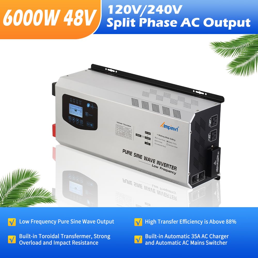 Ampinvt 6000W Peak 18000W Pure sine Wave Inverter 48V DC to 120V 240V AC Split Phase Output, with ac Battery Charger, Low Frequency Off Grid Power System, for Sealed Gel Agm Flooded Lithium Battery