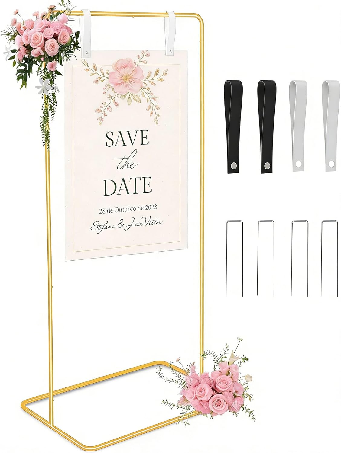 Wedding Stand for Welcome Sign, Adjustable Welcome Sign Stand for Party, Floor Display Stand with Ground Stakes & PU Leather Sign Hanging Straps, 68”x 30”x 20” Heavy Duty Easel Stand for Display(White)