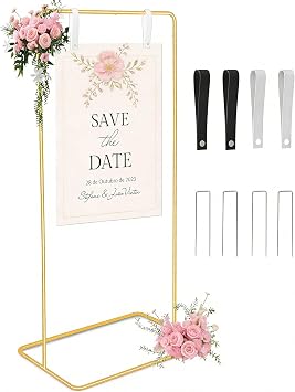 Wedding Stand for Welcome Sign, Adjustable Welcome Sign Stand for Party, Floor Display Stand with Ground Stakes & PU Leather Sign Hanging Straps, 68x 30x 20 Heavy Duty Easel Stand for DisplayGold