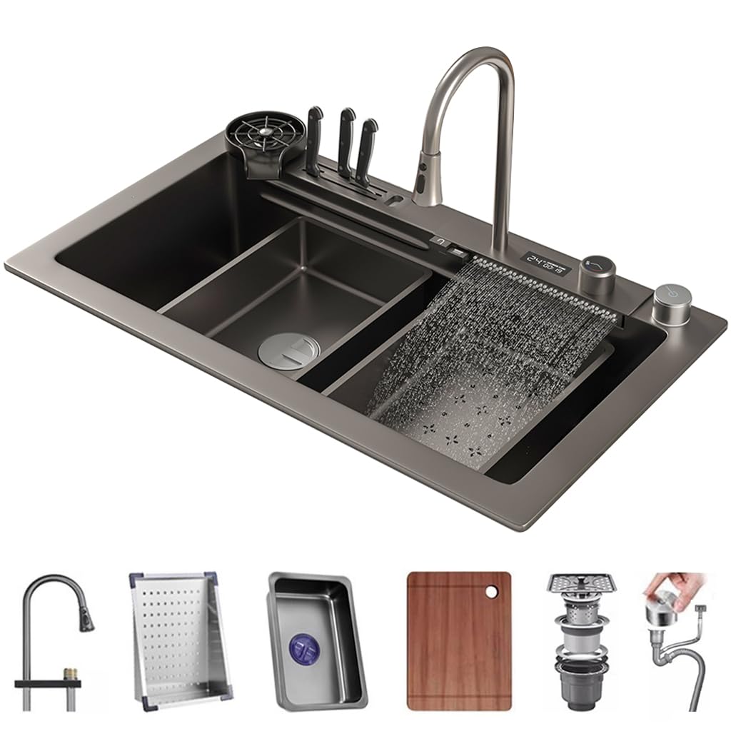 ZQFHSX 75 x 45 cm Kitchen Sink with Waterfall Nano Single Bowl Multifunctional Digital Display Tap Bar Drainage Basket, Basin, Component