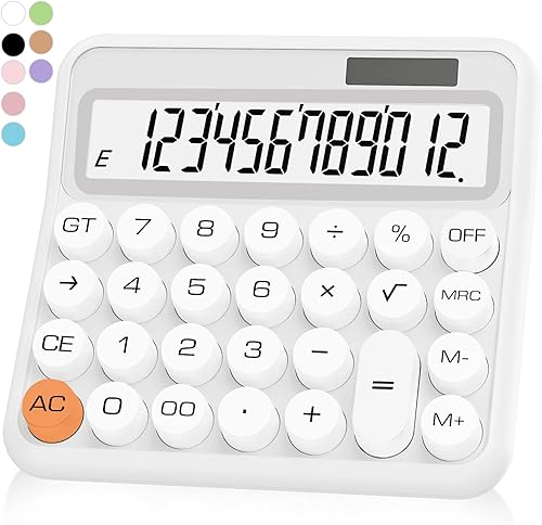 Calculadora blanca, calculadora estándar de 12 dígitos con pantalla LCD grande y botones grandes, suministros de oficina blancos y accesorios de