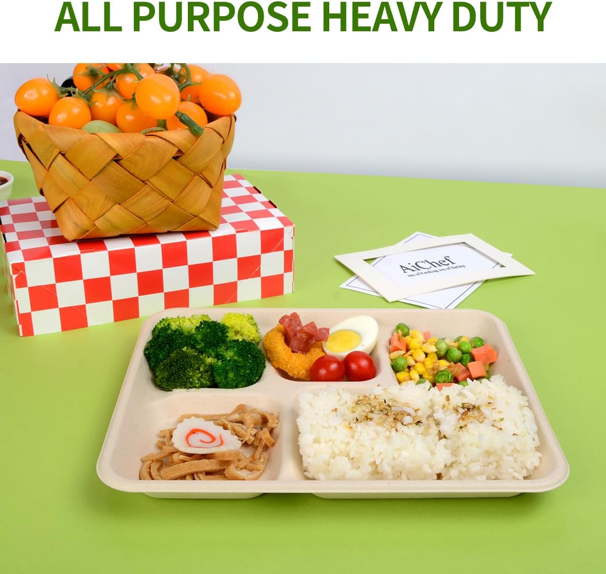 5 Compartment Paper Plates 100 Pack, 10 x 8 inch inch Disposable Lunch Trays, Divided Disposable Sectional Plate for School Lunch, Cafeteria, Buffet Church and Party