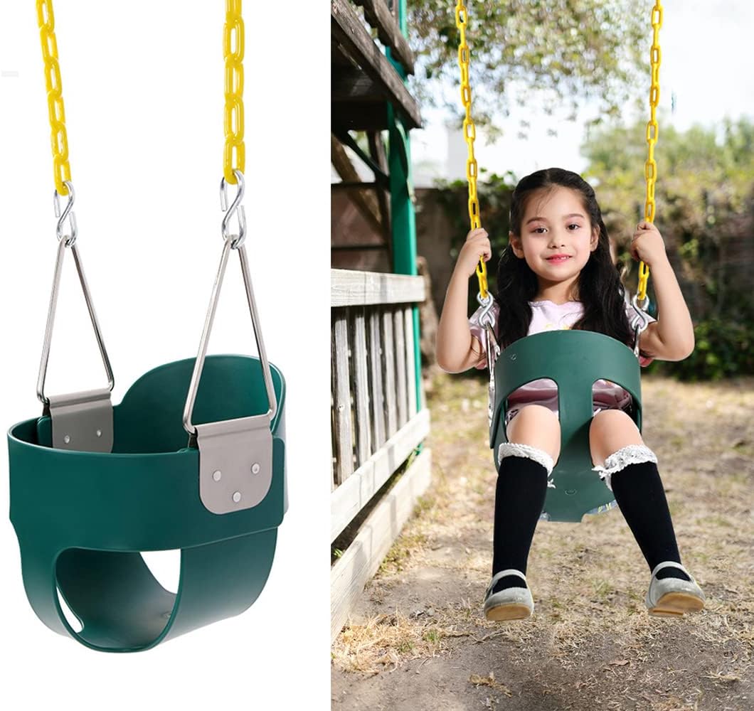 nets Tribe59 High Back Full Bucket Toddler Swing Seat with Heavy Duty Plastic Coated Chains, Fully Assembled for Playground Swing Set Accessories, Outside, Backyard (Dark Green)
