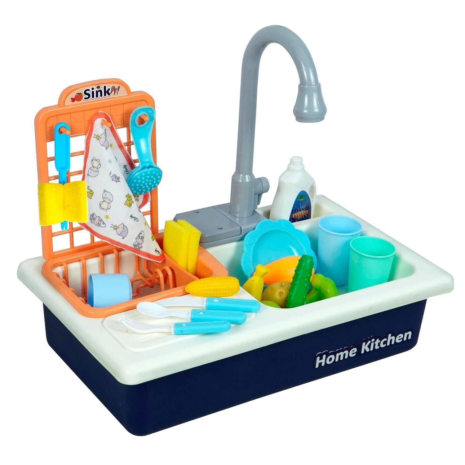 PLUSPOINT Kids Play Kitchen Sink Toys Pretend Play Automatic Faucet Recycling Water Dish Rack Cooking Pot Pan Utensils Set Accessories Play Food Toddler Toy for Boys and Girls Age 3 Years+-image-1