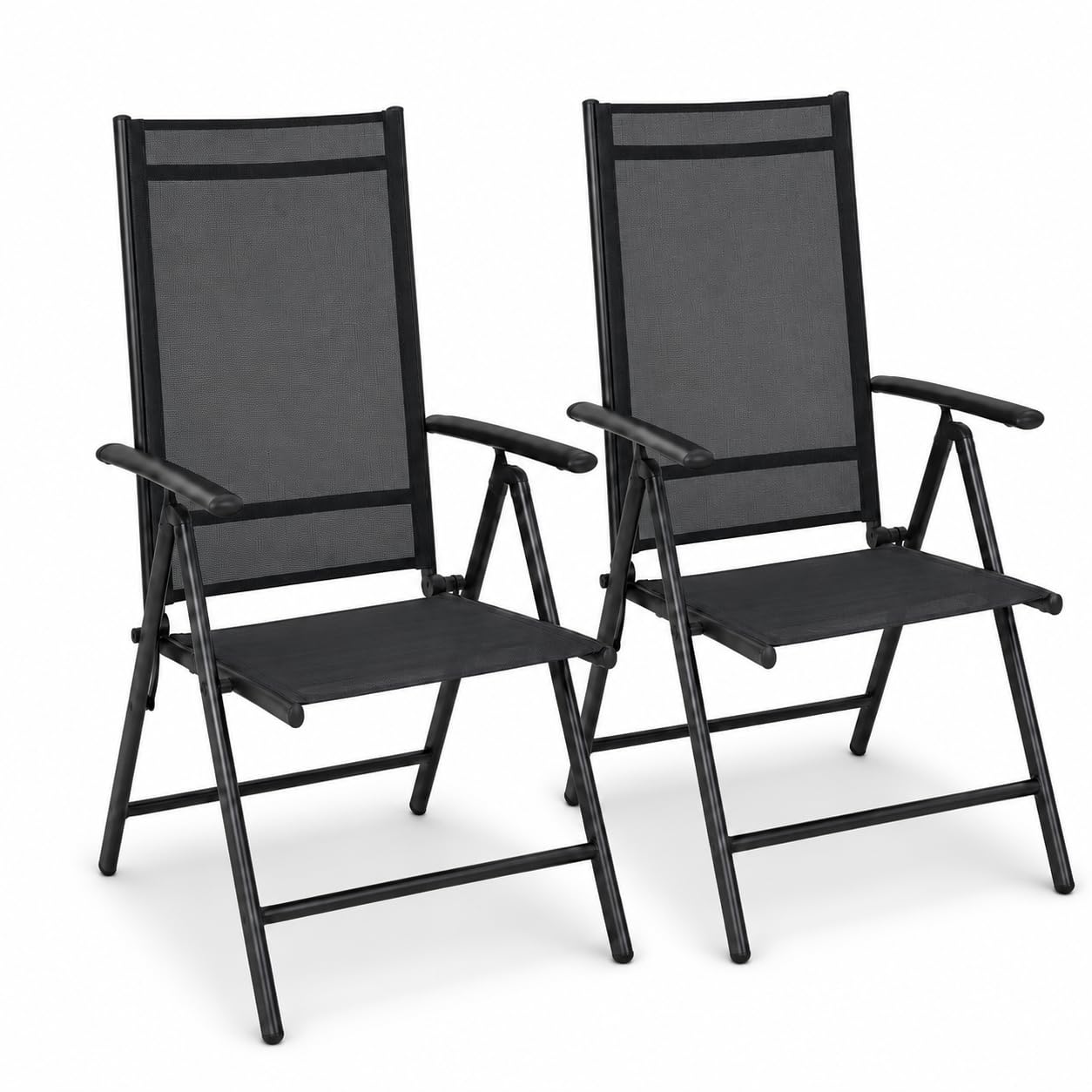 Pack de 2 Sillas Plegables de Jardín con Reposabrazos – Silla con Estructura de Acero Ligero y Tela Mesh Transpirable, Respaldo Alto y Plegable para Terraza, Patio, Jardín y Camping – Color Negro
