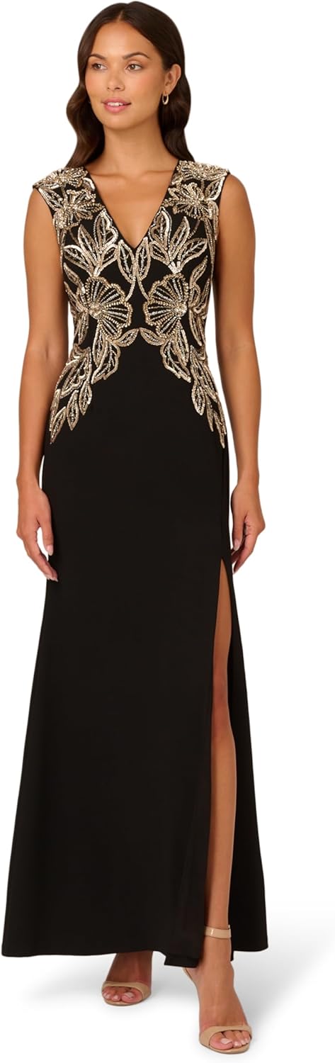 Adrianna Papell Women's Beaded Crepe Long Dress, Black, 8