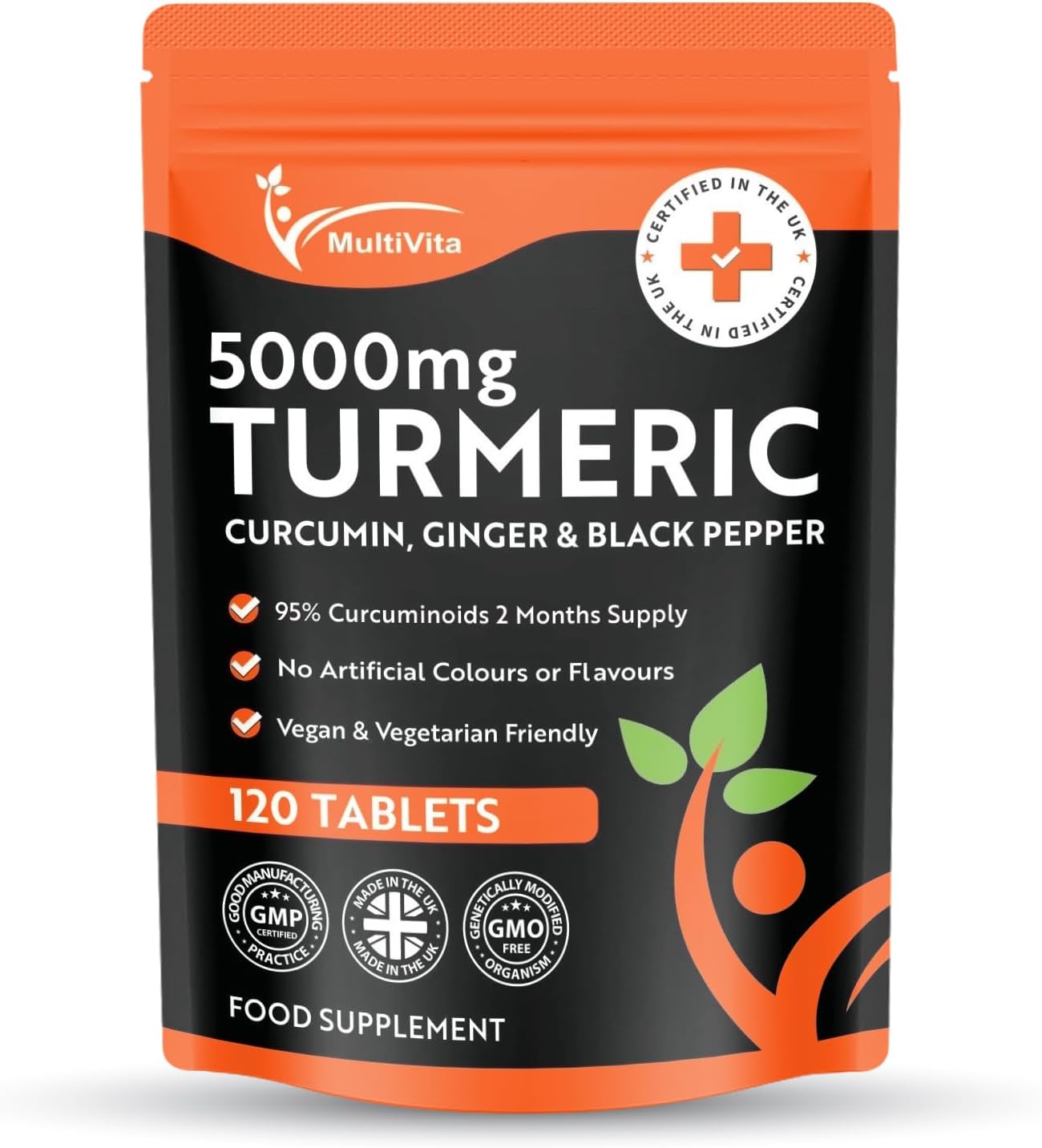 Turmeric Tablets 5000mg with Black Pepper & Ginger - 120 High Strength Curcumin Supplements - Turmeric and Black Pepper Tablets (Not Turmeric Capsules or Powder) Vegan & Gluten Free