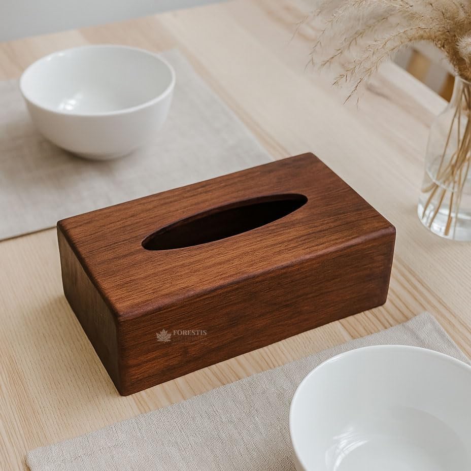 Image of Wooden Tissue Box| Rosewood Napkin Box| Tissue Holder Organizer for Table, Home, Office, Car| Rectangular Facial Paper Cloth Storage Case| Dispenser (Rosewood Plain, 9X5 Inches)