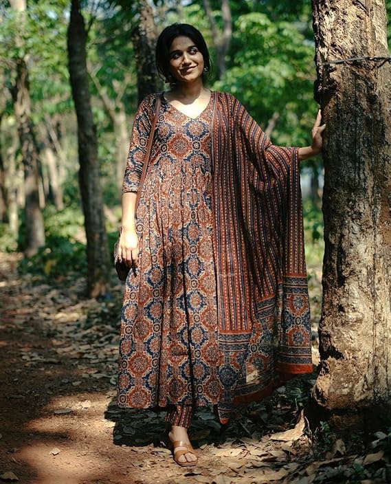 Image of ASSUME FAB Women Viscose Rayon Anarkali Maternity and Nursing Kurta Set with Dupatta - Brown Floral and Geometric Pattern, 3 /4 Sleeves, Comfortable Fit