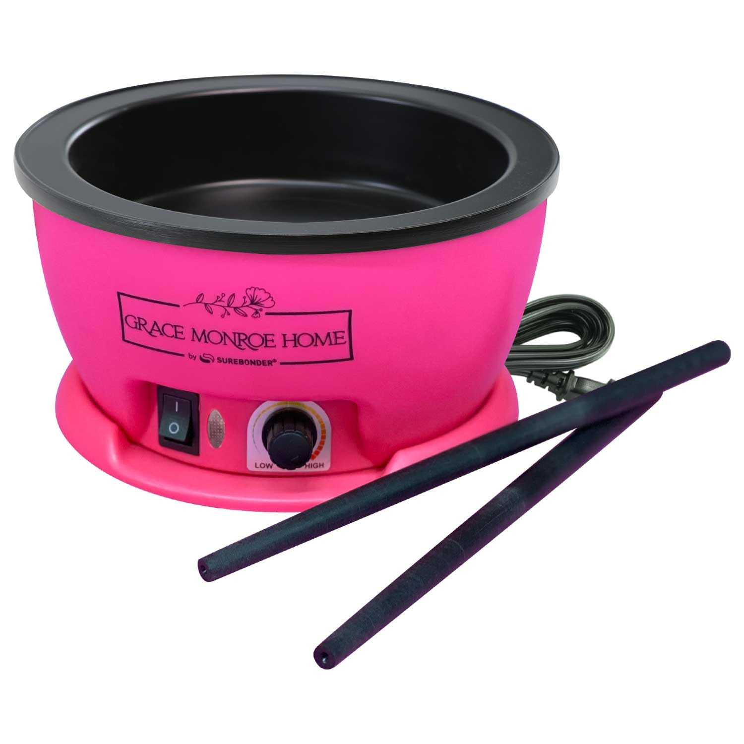 Surebonder x Grace Monroe Hot Glue Skillet Pot with 2 Stir Sticks, Adjustable Temperature, 5.25-inch Diameter, 1-inch Depth, Dip Crafts Directly Into Pot of Hot Glue, Pink