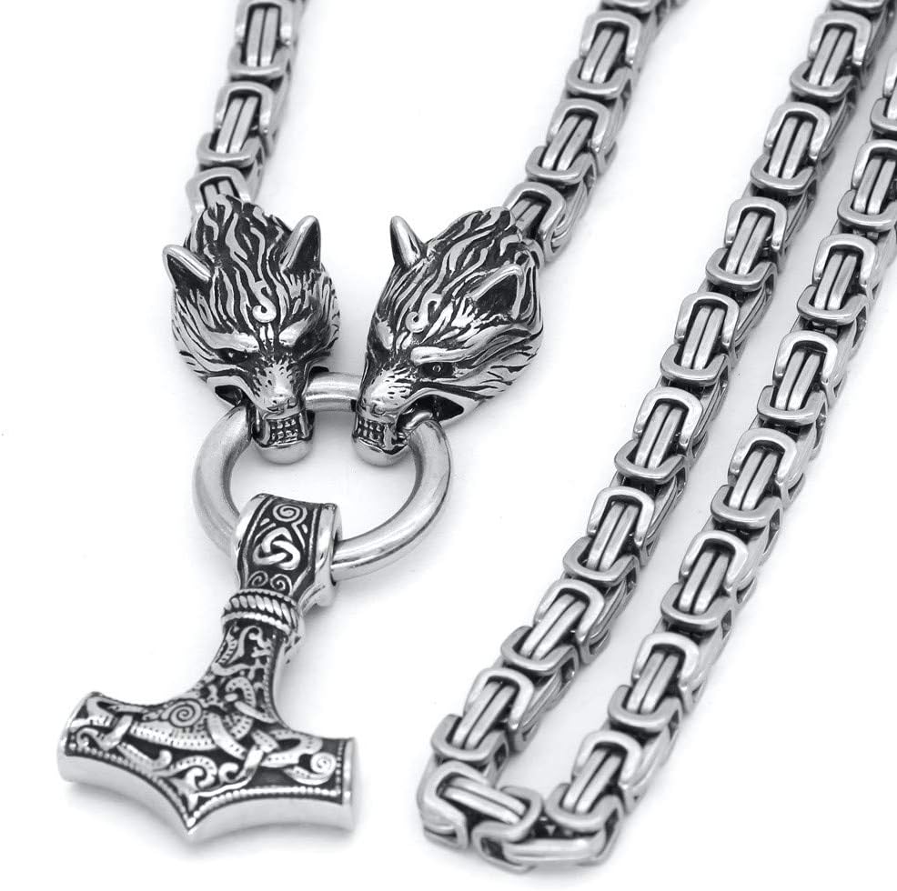 schmuxxiSolid Thor's Hammer Stainless Steel Silver Pendant with Heavy Chain 60 cm for Men, Stainless Steel