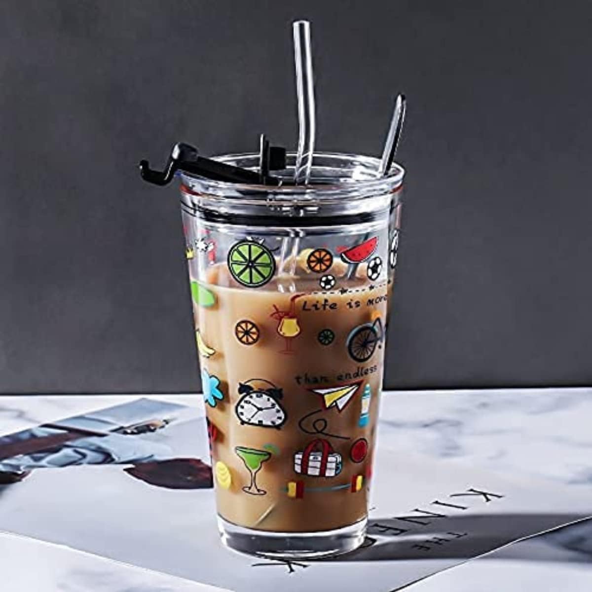 MUAC Glass Bottle with Straws, Silicone Protective Sleeve Reusable Glass Tumblers, Smoothie Cups, Tea Jars, Mason Jars (350ml) (Multi-Color) (1pc)