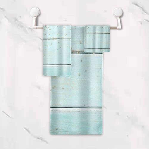 Miniatura 5 de Juego de toallas de baño para baño, conchas marinas y estrellas de mar, arena sobre tablero de madera turquesa rústica, tema de playa, juego de 3