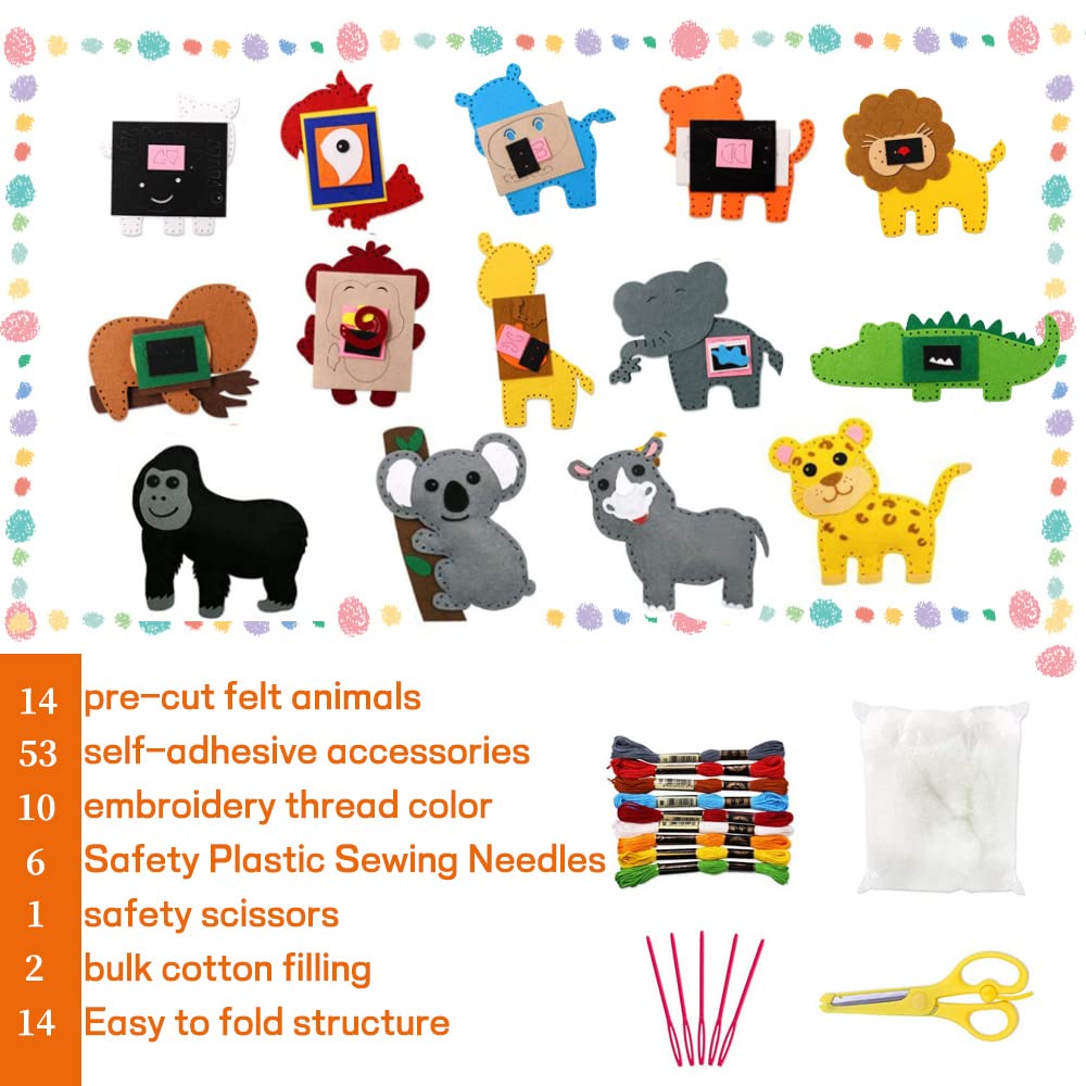 AKINSTER Nähset Für Kinder - 14-teiliges DIY Filztiere Set Mit Schere Für Jungs & Mädchen