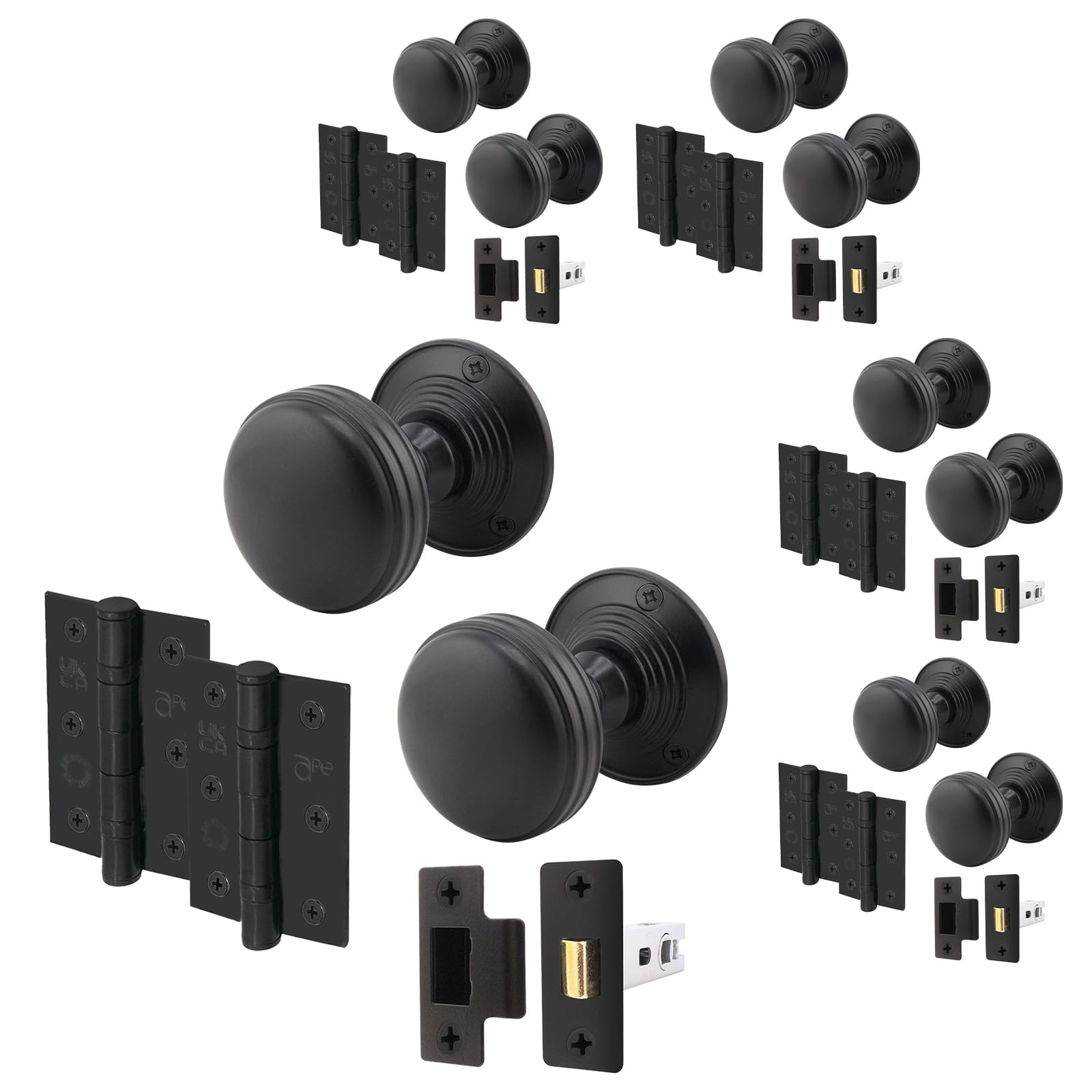 EAI Matt Black Door Knobs with Latch 76mm and Hinges, 4 Pack - Lined