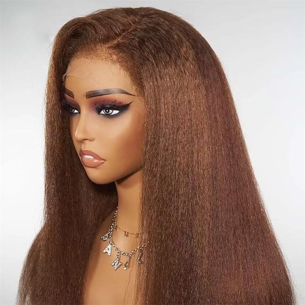 Brown Kinky Straight Wigs Human Hair 13x4 Lace Front Wigs Human Hair Pre Plucked Invisible Knots Chestnut Brown Yaki Straight Brazilian Hair Glueless Wig 14 Inch