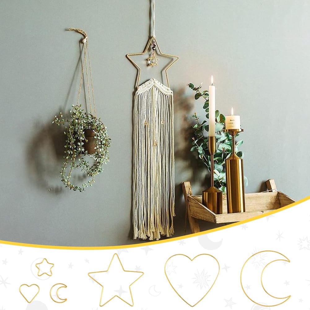 Lot de 6 Anneaux Attrape Rêves en Métal Doré en Forme D'Étoile de Lune et de Cœur pour Loisirs Créatifs Décoration Murale Couronne Mariage Noël Cadeaux pour Débutants