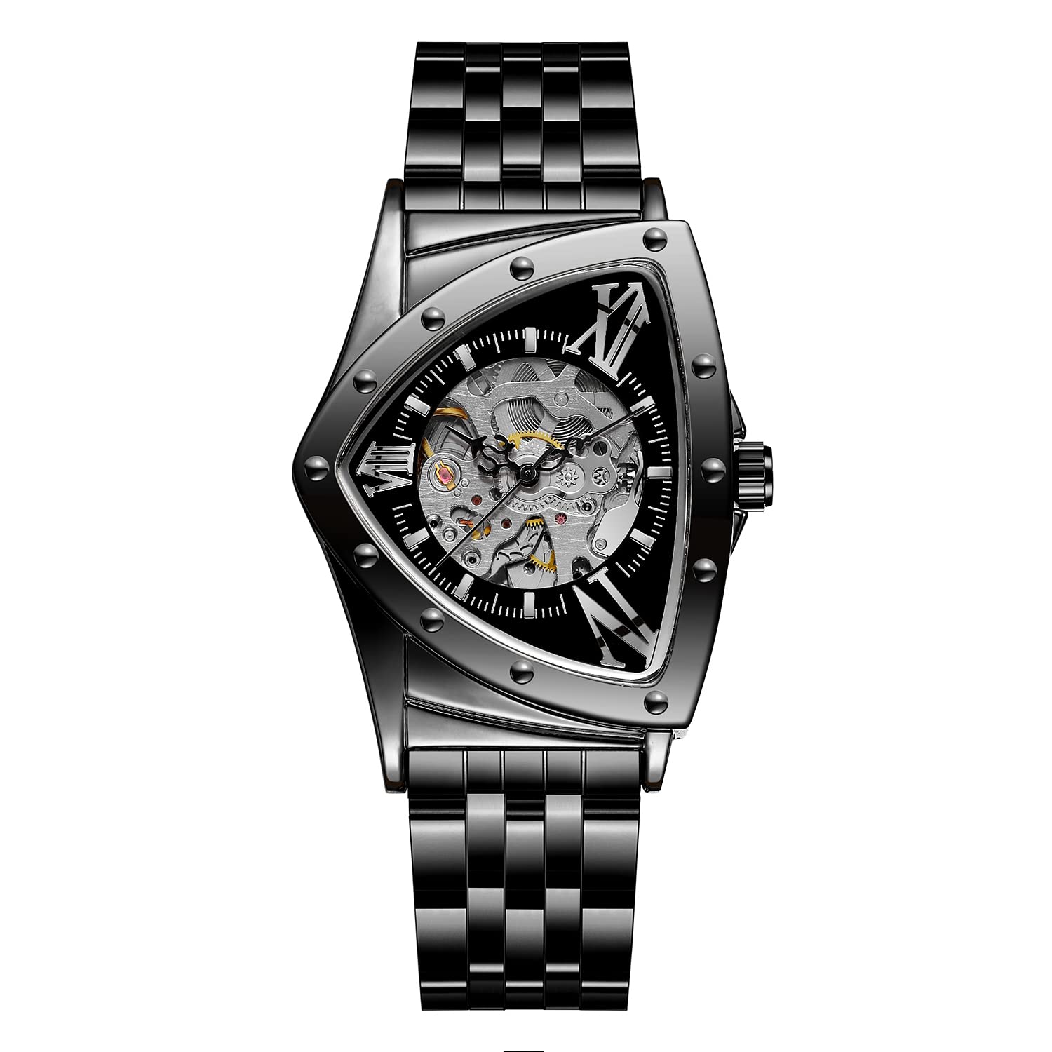 FORSINING Montre pour homme étanche à 30 m Squelette Creux Automatique Éblouissant Rétro Triangle Montre-bracelet