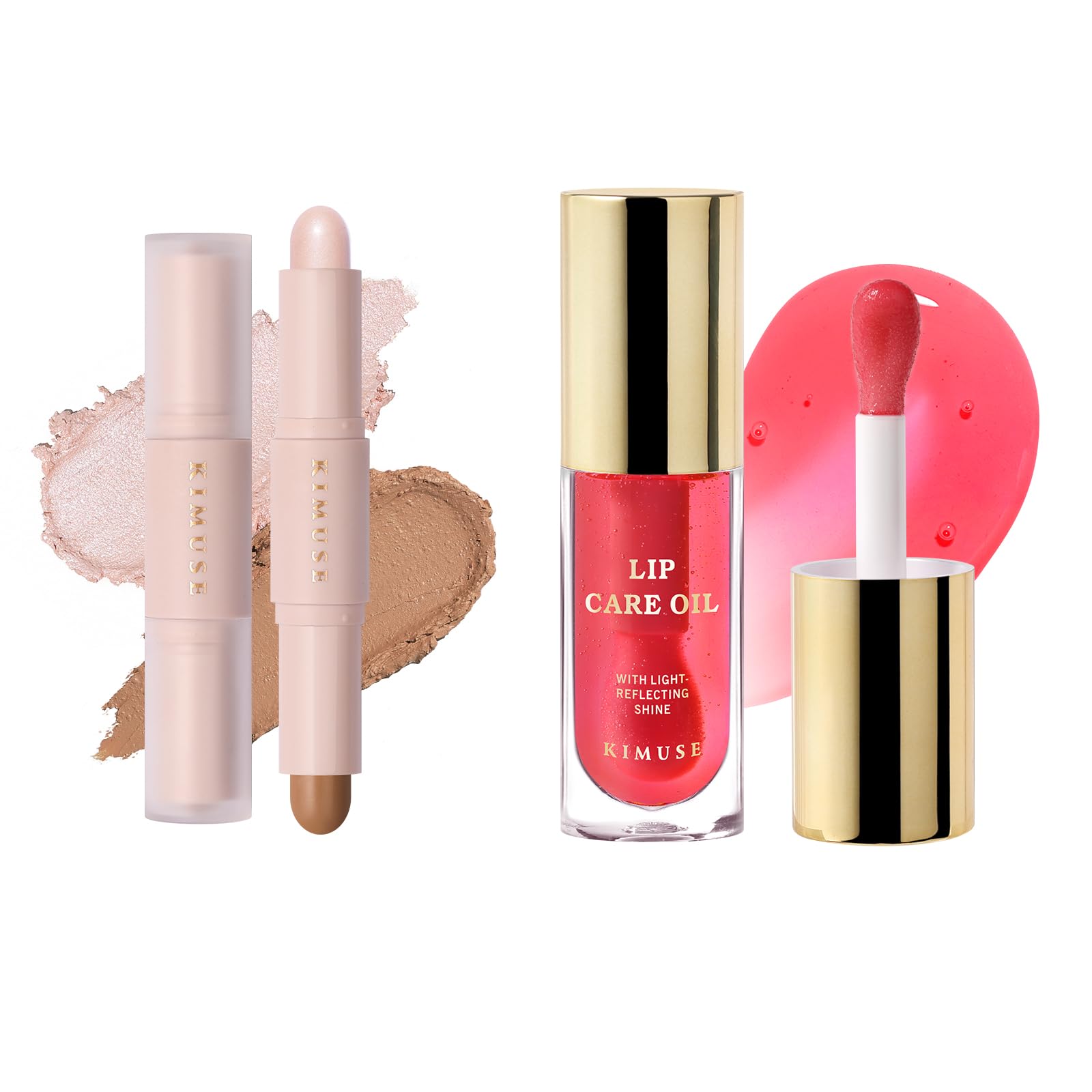 KIMUSE 2Color Dual Cream Contour Stick & High Shine Finish, Hydrating Lip Plumper Gloss Lip Care Sheer Lip Oil
