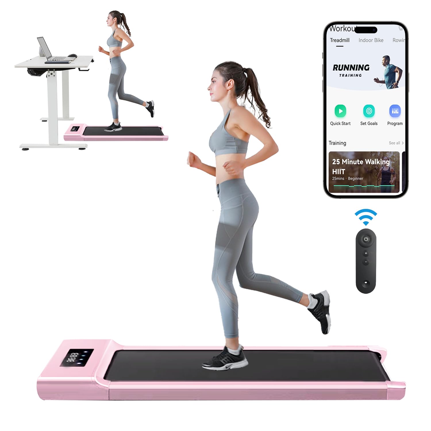 Under Desk Treadmill, Walking Treadmill Running Machines with App & Remote Control Bluetooth Speaker for Home Portable Walking Running Pad Machine 1-12km/h for Home or Office (Pink)