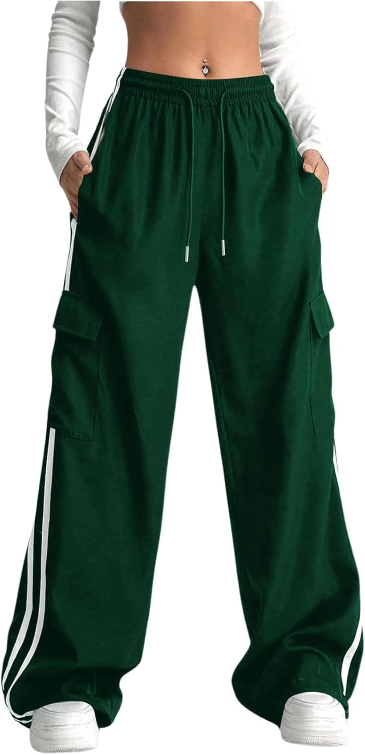 Verdusa Women's Cargo Pants Baggy Straight Wide Leg Track Pants Striped Joggers with Pockets Athletic Streetwear - Image 5