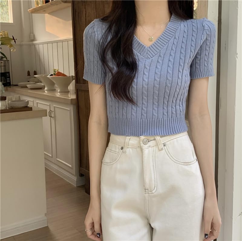 Image of ICW Women's Acrylic Knitted Ribbed Half Sleeve V-Neck Self Design Crop Top T-Shirt 128