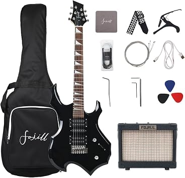 Fojill Heavy Metal Cool Shape Electric Guitar Kit Set Beginner Starter Combo Package Bundle Battery Power Bluetooth 10W Amplifier Amp Accessory Gig Bag,Picks, Cable,Strap,Extra StringsFCGK-60, Black