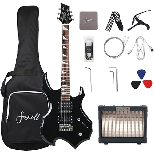 Fojill Heavy Metal Cool Shape Electric Guitar Kit Set Beginner Starter Combo Package Bundle 10W Battery Power Bluetooth Amplifier Amp,Accessory 600D gig Bag,Picks, Cable, Strap, Extra Strings