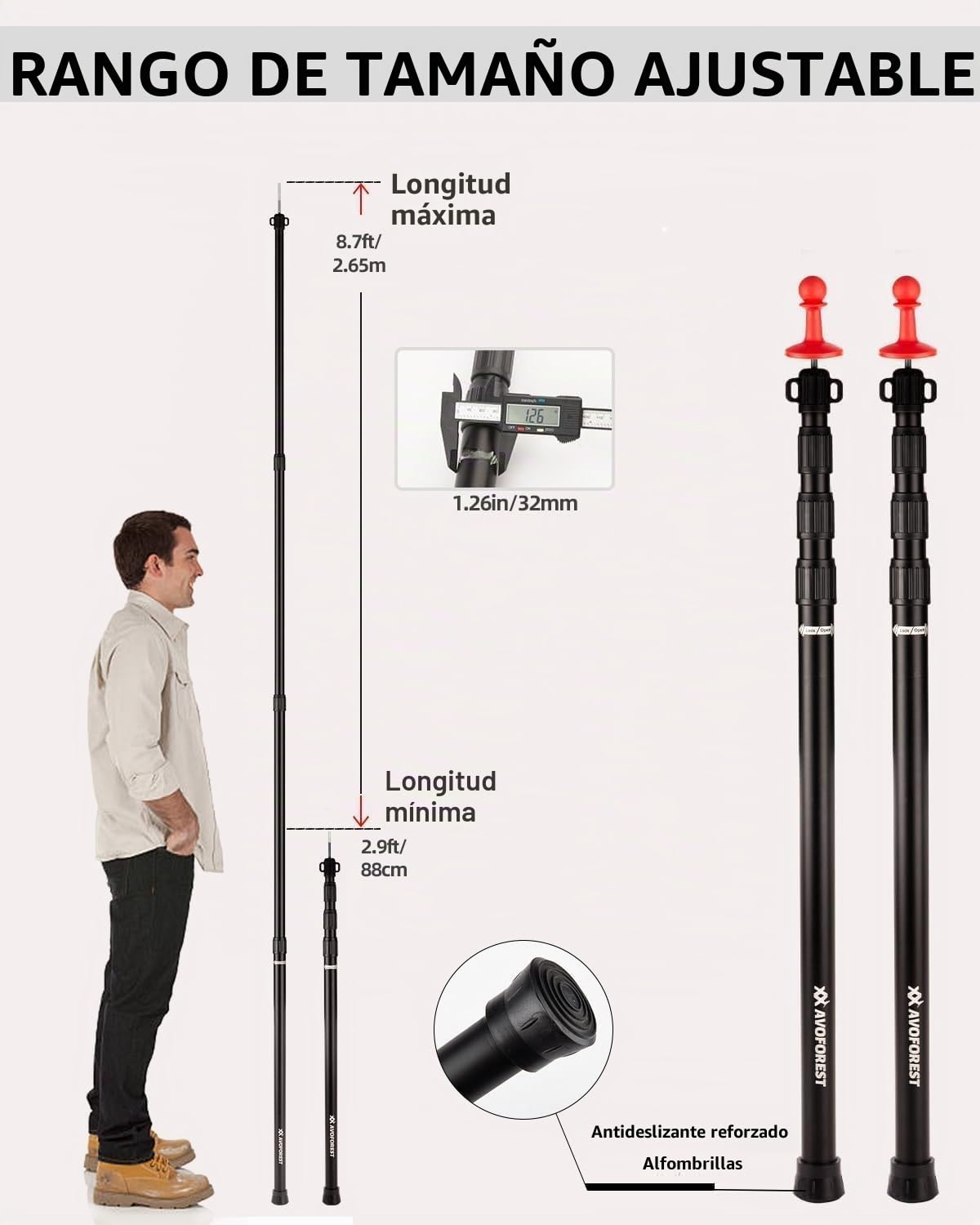 Postes para Lonas Resistentes Ajustables, AVOFOREST Aluminio de Aviación 2.65m Postes Telescópicos para Tienda con Tapa Protectora Postes Plegables Resistentes al Viento Juego de 2 para Lonas - Toldo
