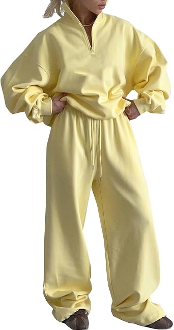 Viatabuna Womens 2 Piece Outfits Sweatsuits Oversized Quarter Zip Pullover Sweatshirt Wide Leg Sweatpant Lounge Tracksuits