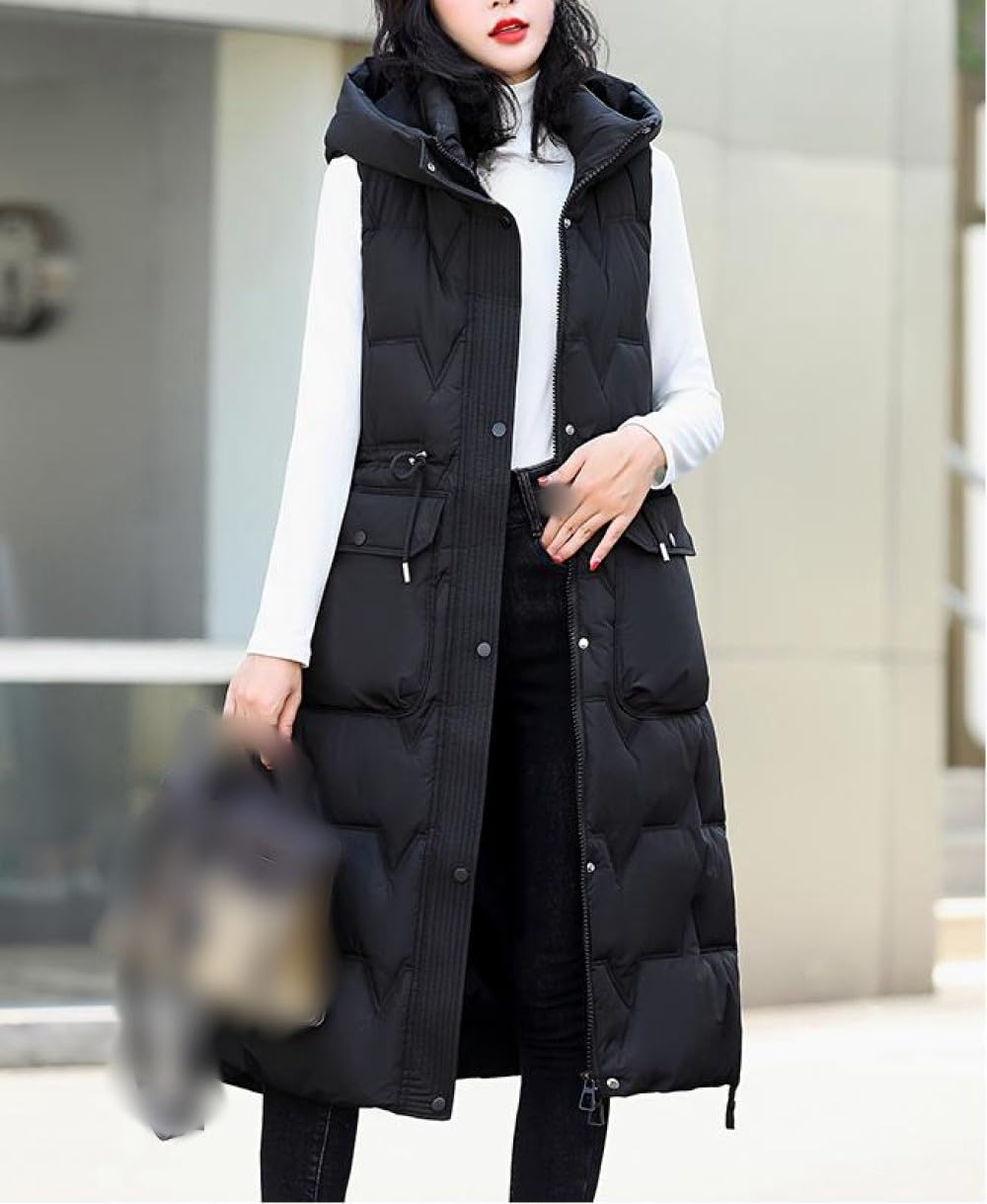 Gilet Da Donna Cappotto Trapuntato Lungo Con Zip E Cappuccio, Gilet In Piumino Di Cotone Senza Maniche Capispalla Tinta Unita Gilet Da Esterno Imbottito Gilet Invernale Più Caldo
