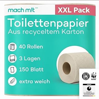40 Rollen - Toilettenpapier 3-lagig – ohne Bleichmittel - aus recyceltem Karton - extrem weich & umweltschonend - Made in Germany - recycelbar - 150 Blatt je Klorolle – mach m!t