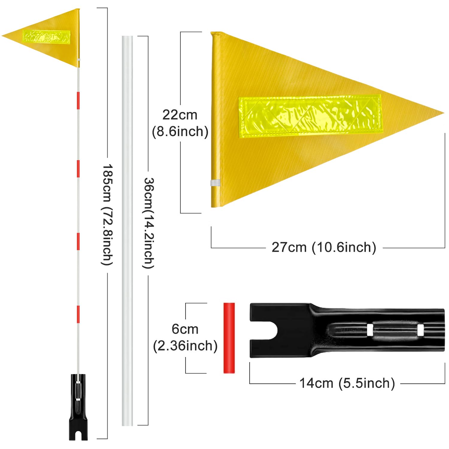 2 Pcs Bike Safety Flag with Poles Yellow Reflective Strip Flag Adjustable Height Fiberglass Pole Safety Sign High Visibility Bicycle Flag Tear-Resistant Waterproof