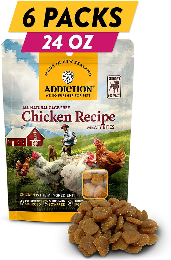 Addiction Meaty Bites - Hypoallergenic Dog Treats - Made in New Zealand - High Meat Content - Gluten and Grain-Free - Soft and Allergy Friendly (Chicken, 4 Ounces - 6 Packs)