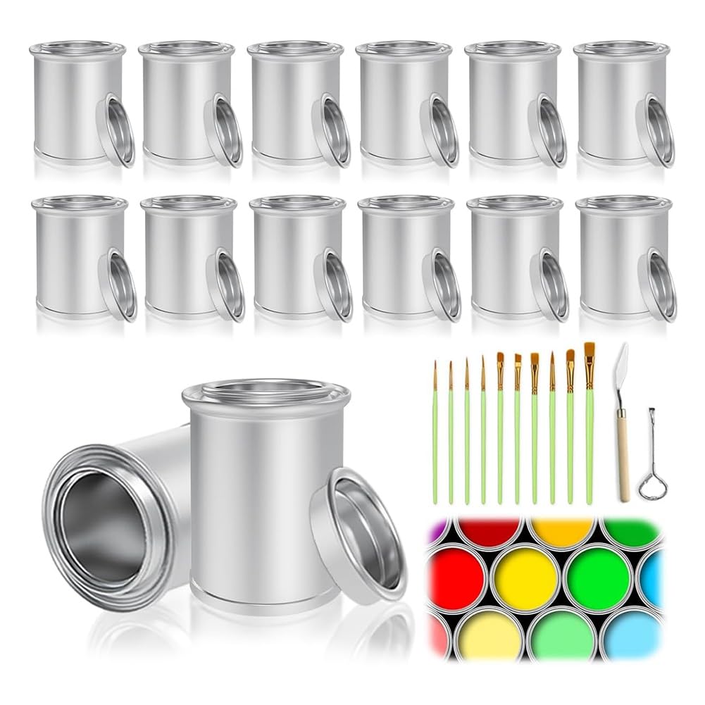 Latas de pintura vacías para manualidades y organización de talleres creativos en casa