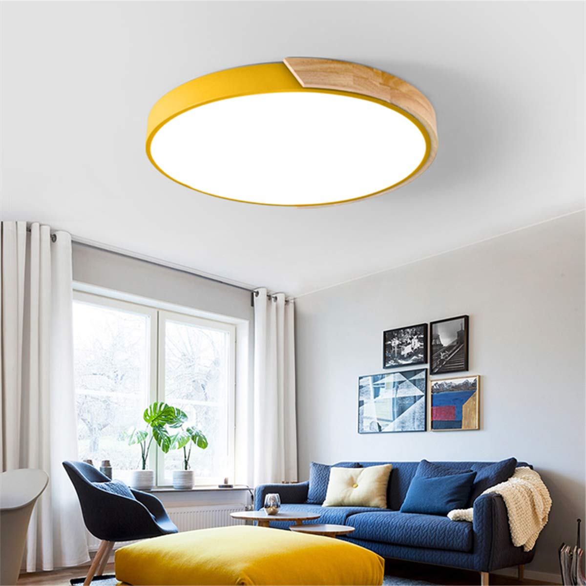 Plafonnier LED En Bois Moderne À Encastrer, 12 Pouces 2400LM 6500K, Luminaires De Lampe En Bois Rond Ultra Mince Pour Cuisine Salle De Bain Salon Chambre Couloir,Bleu,Tricolor light