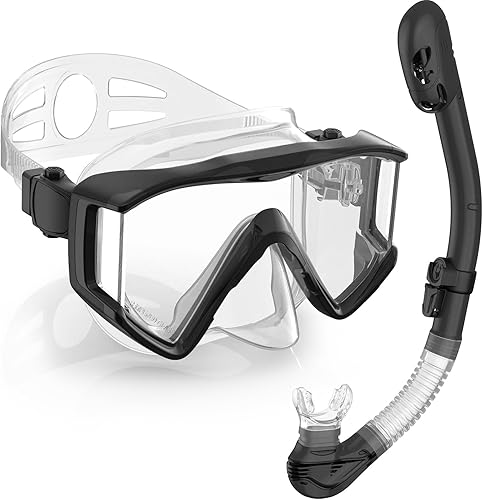 Miniatura 19 de Greatever Juego de esnórquel Pano de 3 ventanas para adultos, vista panorámica amplia, máscara de buceo antivaho, antifugas, gafas de esnórquel