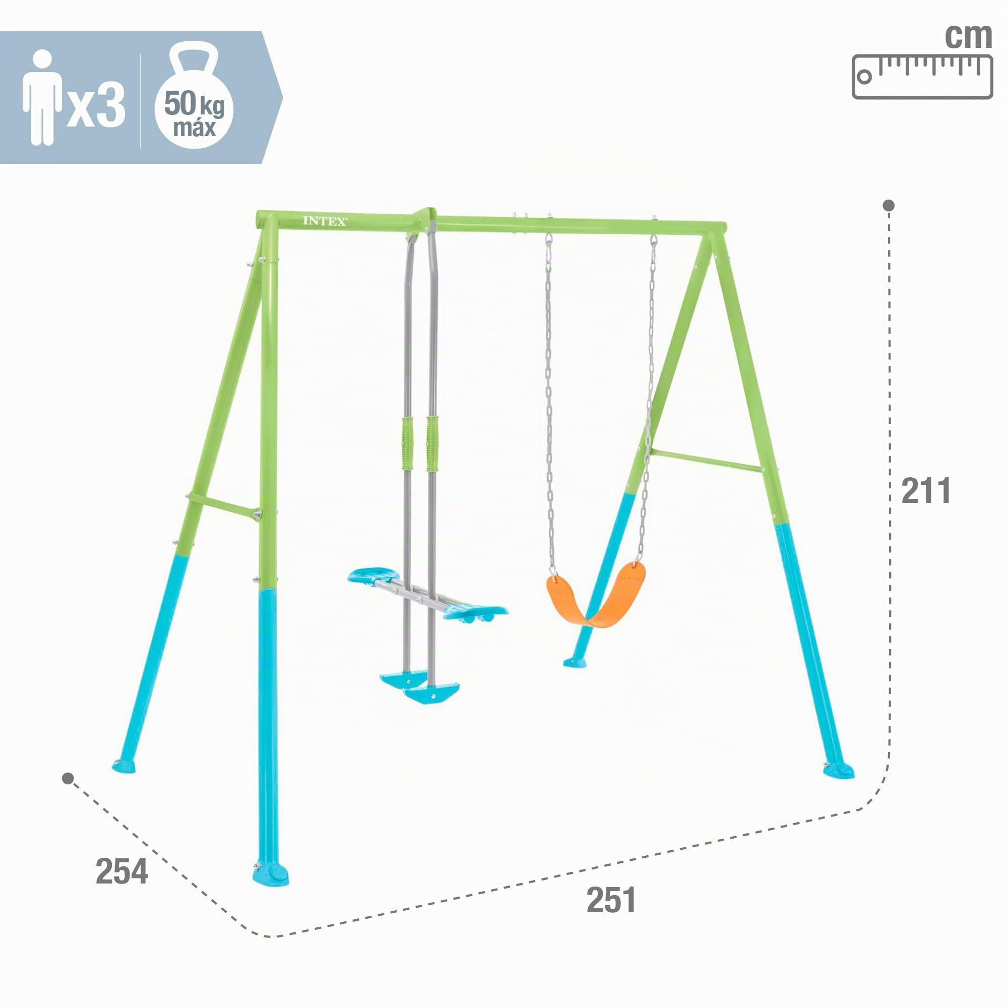 Intex Columpio de Metal con balancín Doble Plaza y Asiento, Regulable en Altura, hasta 144 kg, Columpios para niños 3-10 años, Juegos Exterior, Certificado CE (59000)