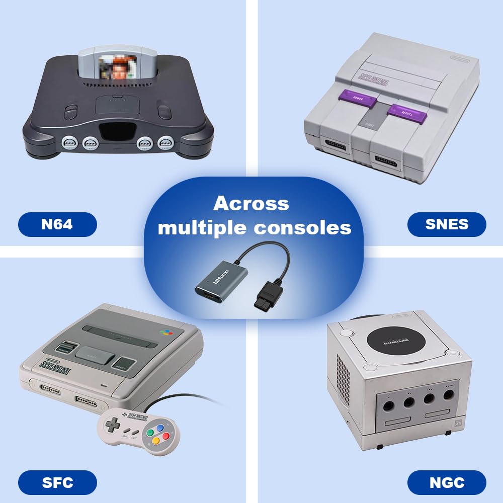 BITFUNX Adaptador HDMI N64/NGC/SFC/SNES – Compatible con Auto SV y AV e Interruptor 16:9/4:3, Adaptador de Videojuegos Plug & Play sin retraso