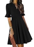 Womens Summer V Neck Ruffle Short Sleeve Fit and Flare Knee Length Church Wedding Guest Dresses with Pockets