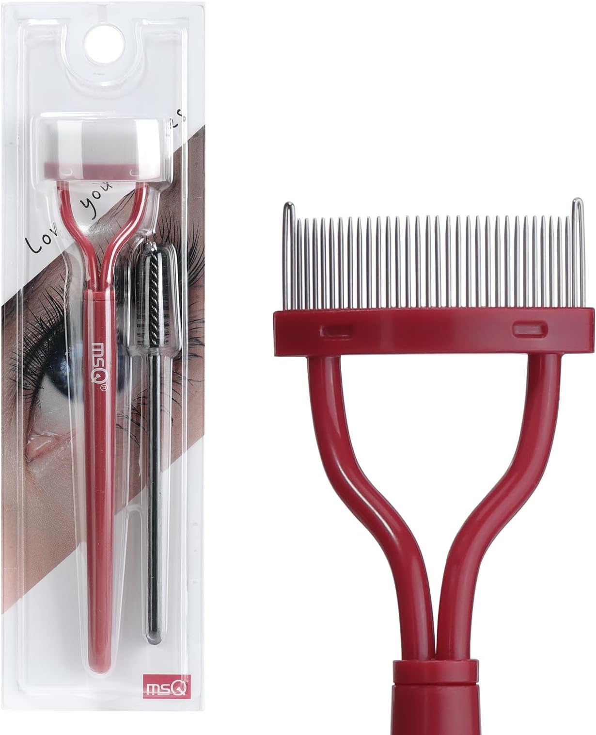 Eyelash Comb MSQ Eyelash Separator Mascara Applicator Eyelash Definer With Comb Cover Arc Designed Cosmetic Brushes Tool Red (Includes a Mascara Wand)