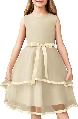 Arshiner Girls Dress Formal Party Fluffy Tulle Sleeveless Belted Beige Dresses S